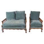 Edwardian period mahogany three-piece Bergere suite comprising a settee and two chairs, each