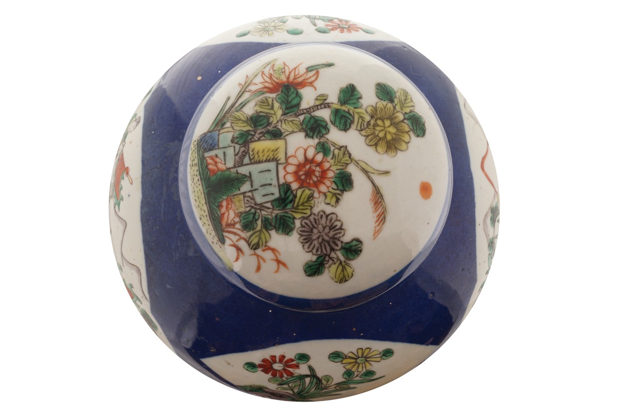Pair of large Qing Period polychrome urns and covers each of bulbous form with a domed lid, - Image 5 of 9