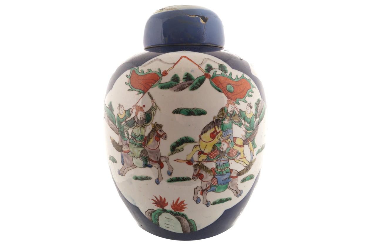 Pair of large Qing Period polychrome urns and covers each of bulbous form with a domed lid, - Image 2 of 9