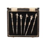 Cased set of  sterling silver Charles Dickens figural cocktail sticks made by Bishtons Ltd,