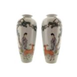 Pair of Chinese Republican period famille vert vases each with painted decoration depicting