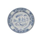 Large Qing period blue and white figure and bird decorated charger Worldwide shipping available. All