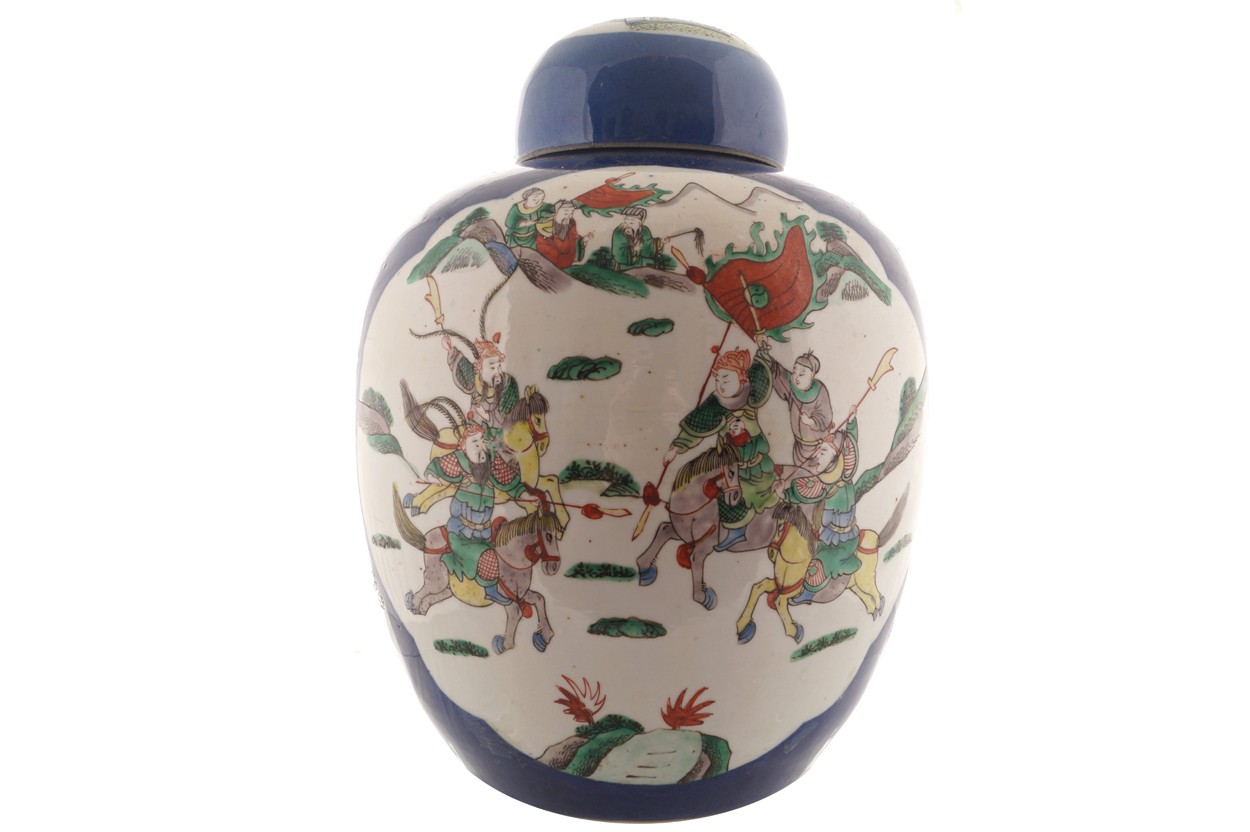 Pair of large Qing Period polychrome urns and covers each of bulbous form with a domed lid,