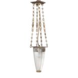Reserve: 200 EUR        Art-Decó-Deckenlampe wohl Frankreich, um 1930, eckiger Glasschirm von vier