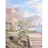 Maler des 20. Jh. "Küstenpartie in Griechenland", felsige Küste mit historischer Architektur, im