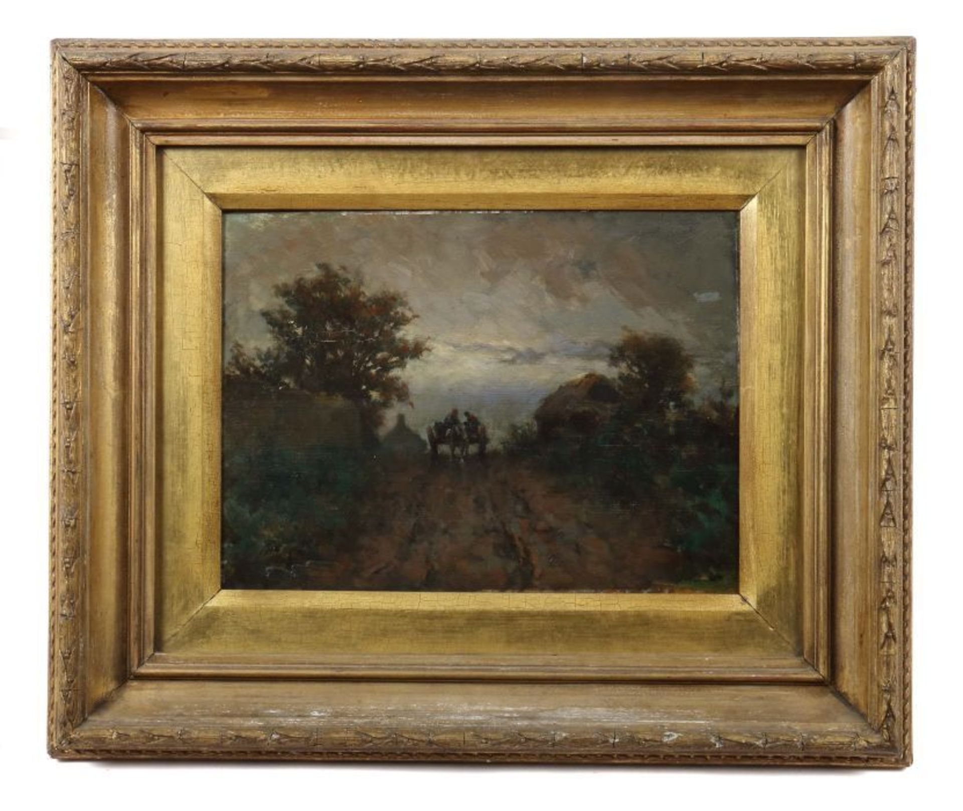 Reserve: 550 EUR        Maler des 19. Jh. Wohl England. "Pferdefuhrwerk", auf einem zerfurchten - Bild 2 aus 3