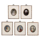 Reserve: 80 EUR        5 Miniaturen 20. Jh., 5 Miniaturportraits, u.a. Friedrich der Große u. Mona