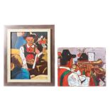 Maler des 20. Jh. 2 Trachtenbilder: "Paar in der Schänke" und "Musiker mit Trachtenhüten", Öl/