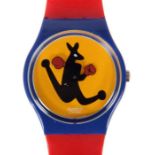 Swatch-Armbanduhr "Boxing Kangaroo" 1996, entworfen von dem spanischen Maler Eduardo Arroyo, rotes