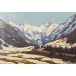 Salzberger, Richard Maler des 20. Jh.. "Bergmassiv", im Frühjahr, aus einem Tal mit Bachlauf
