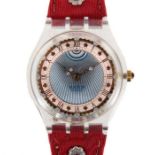 Swatch-Armbanduhr Roi Soleil Christmas 1993, Lederarmband vorderseitig mit rotem Stoff bezogen,