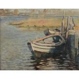 Reserve: 200 EUR        Hausfeldt, Hans 1902 - 1977, deutscher Maler. "Boote am Steg eines Sees", in