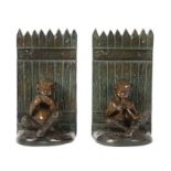 Reserve: 200 EUR        Paar Buchstützen mit Faun um 1900, Wiener Bronze, Stützen in Form zweier