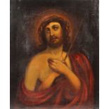 Reserve: 70 EUR        Maler des 19. Jh. "Leidender Christus" mit Dornenkrone in rotem Gewand, den