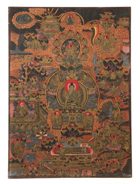 Reserve: 400 EUR        Thangka 19./20. Jh., wohl Nepal, Leinen auf Holz gezogen, polychrome