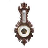 Reserve: 40 EUR        Holosteric Barometer Carl Sickler, Karslruhe um 1900, Nussbaum beschnitzt,