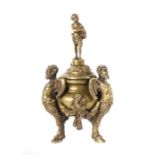 Reserve: 400 EUR        Deckeldose 19. Jh., Bronze, figürlich gestaltete Deckeldose, bekrönt von