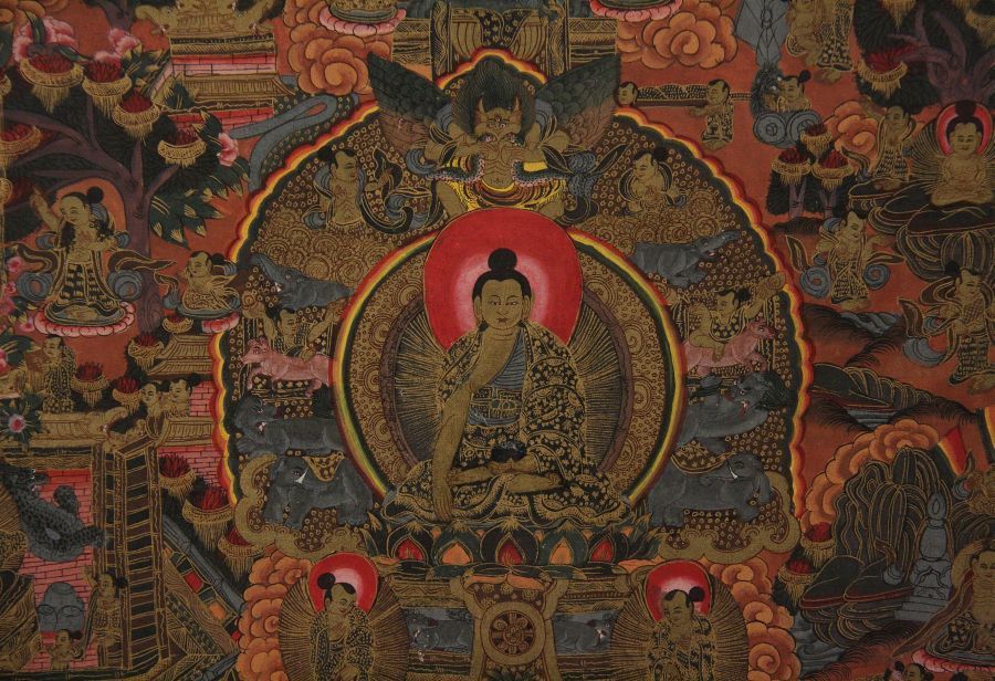 Reserve: 400 EUR        Thangka 19./20. Jh., wohl Nepal, Leinen auf Holz gezogen, polychrome - Image 2 of 2