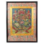 Reserve: 150 EUR        Thangka 19./20. Jh., wohl Tibet, Leinen gerahmt von zwei Seidenstrickborten,