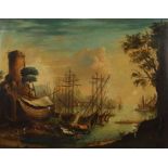 Italienischer Maler des 19./20. Jh. "Seeszene", belebte Marine mit Segelbooten, Turmruine und Bergen