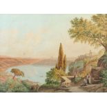 Zeichner des 19. Jh. "Italienische Hügellandschaft mit Kloster- und Schlossanlage an einem See",