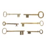Konvolut Schlüssel 19 Jh., 6 Schlüssel, Bronze, unterschiedliche Volldornschlüssel, L: 9-13,5 cm.