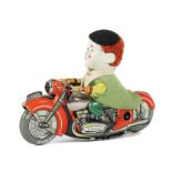 Motorrad mit Clown Schuco, Nürnberg, um 1956/60, made in Western Germany, "Motodrill Clown 1007",