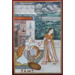Miniatur Indien/Pakistan, 19/20. Jh., Darstellung eines Paares auf der Veranda, der Mann kniend, die