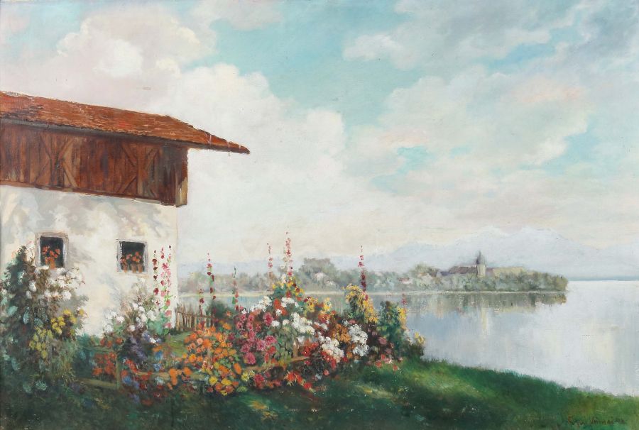 Vinnai, Eugen 1889 - 1961, war ein deutscher Kunstmaler. "Chiemseelandschaft mit Fraueninsel", im