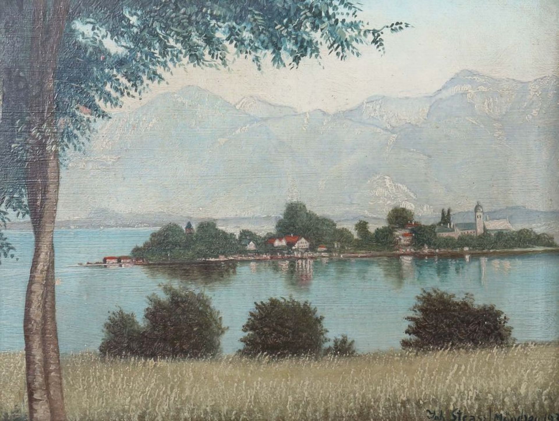 Strassl, Johann Münchner Maler des 19./20. Jh.. Paar Landschaften: "Fraueninsel im Chiemsee" und " - Bild 2 aus 4