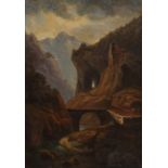 Maler des 19. Jh. "Schlucht über den Fluss", Landschaftsdarstellung bei Gewittereinbruch, Öl/