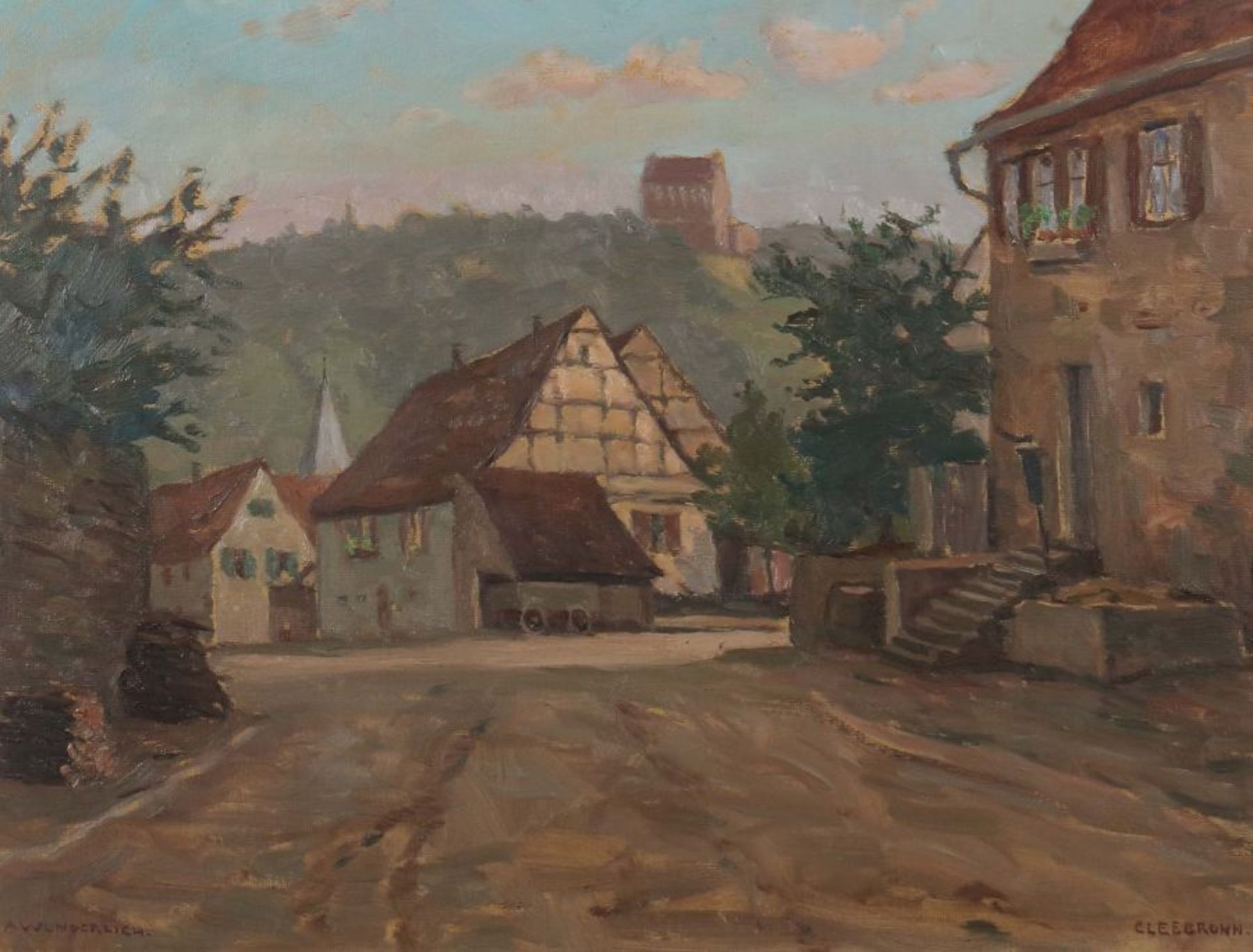 Wunderlich, Albert 1876 - 1949, war Maler in Stuttgart. "Cleebronn", eine Dorfstraße, unten links