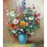 Szarka, wohl Laszlo Maler des 20. Jh.. "Blumenstillleben" mit sommerlichem Bouquet in blauer Vase,