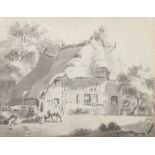 Zeichner des 19. Jh. "Reetgedecktes Haus", Blick auf das Gebäude und den Hof mit Bewohnern und