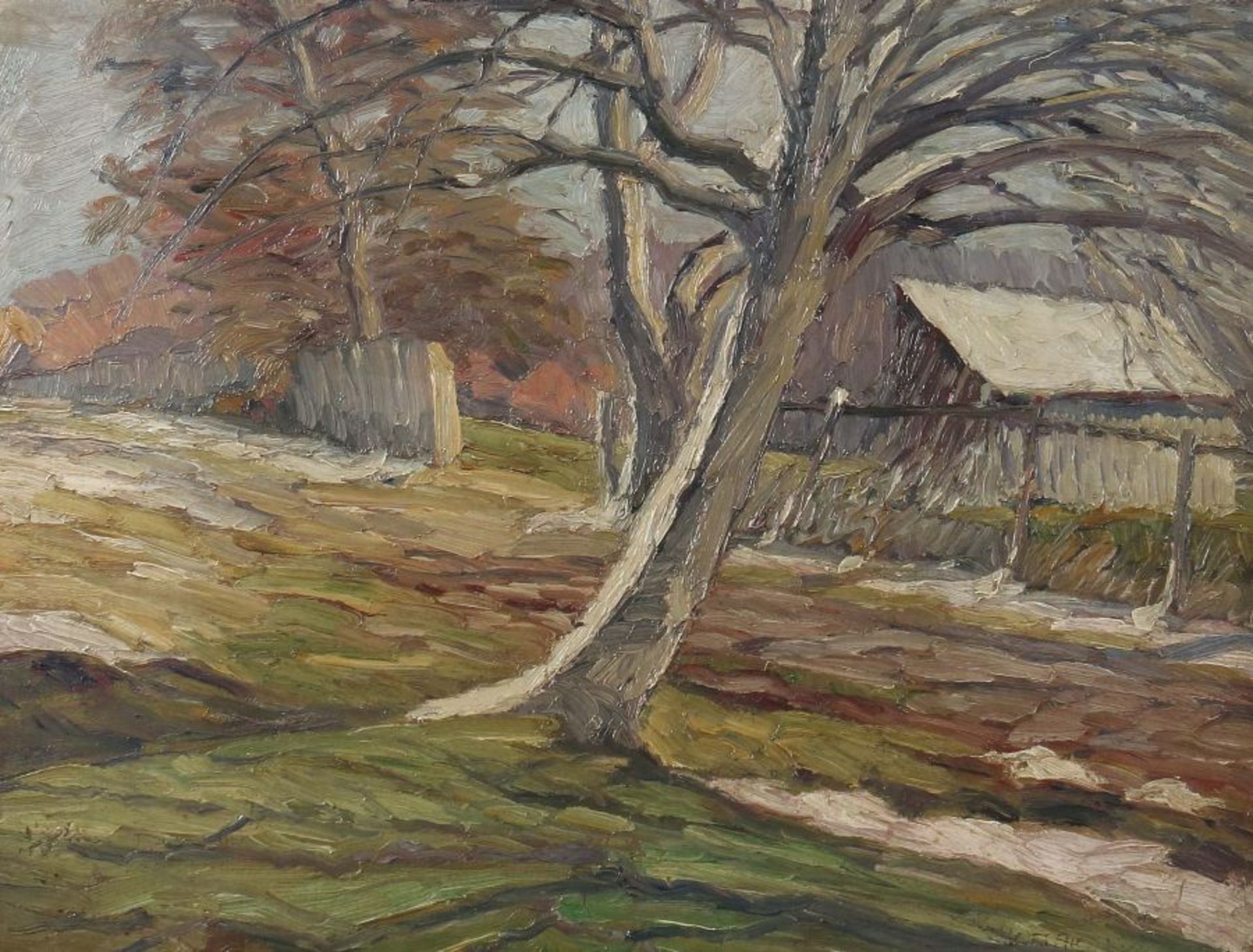 Albrecht, Otto Geb. 1895, deutscher Maler. "Hof im Winter", Blick auf den verschneiten Garten