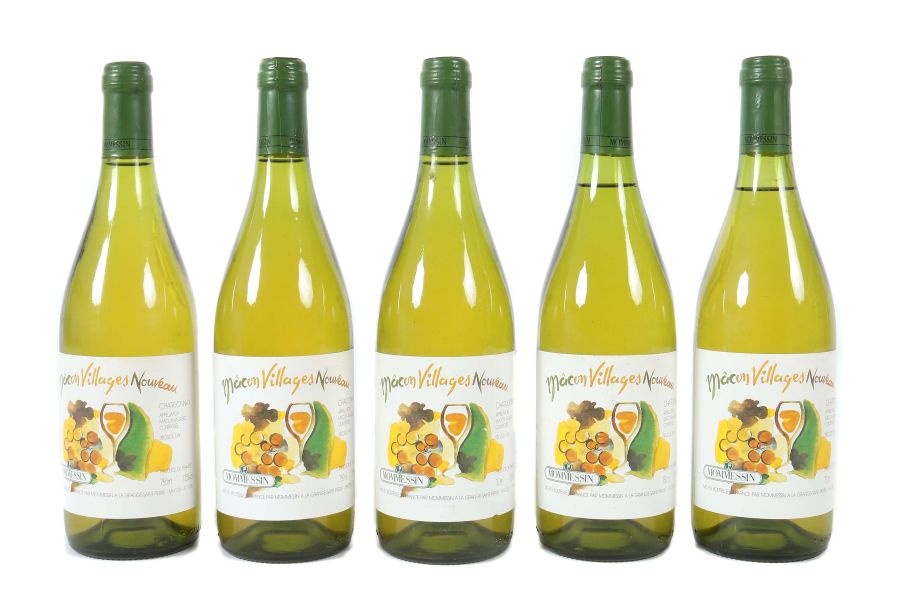5 Flaschen Macon Villages Nouveau 1991, Chardonnay, Mommessin, 0,75 l, 12,5% vol., Füllstände: