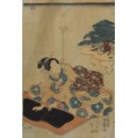 Japanischer Farbholzschneider 19./20. Jh., Holzschnitt mit Darstellung einer am Schlafplatz knienden