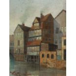 Dreesen, Wilhelm geb. 1928, deutscher Maler. "Holländische Stadt", Blick auf eine Häuserzeile am