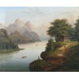 Maler des 19. Jh. "Romantische Landschaft mit Fluss im Gebirge", auf dem Gewässer Segel- und