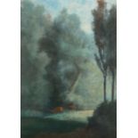 Gebel, A. Maler des 19./20. Jh.. "Zwei Rehe auf einer Waldlichtung", in der Dämmerung, das eine