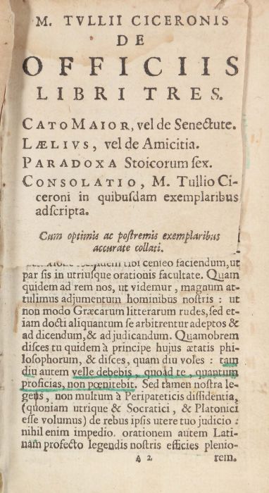 Cicero, Marcus Tullius M. Tullii Ciceronisde Officiis libri tres; Scriptorum Fragmenta, - Bild 2 aus 2