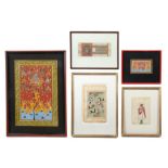 5 Malereien und Buchseiten 19./20. Jh., u.a. Indien, Gouache auf Leinen/Papier, darunter zwei