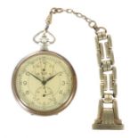 Taschenuhr mit Stoppfunktion Heuer, Schweiz, um 1930/1940, Metall versilbert, Zifferblatt mit