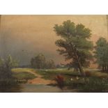 Maler des 19./20. Jh. Süddeutsch oder elsässisch. "Landschaft mit Störchen an einem Gewässer", im