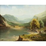 Weber, P. Maler des 20. Jh.. "Angler am Gebirgssee", im Hintergrund ein Tal zwischen bewaldeten