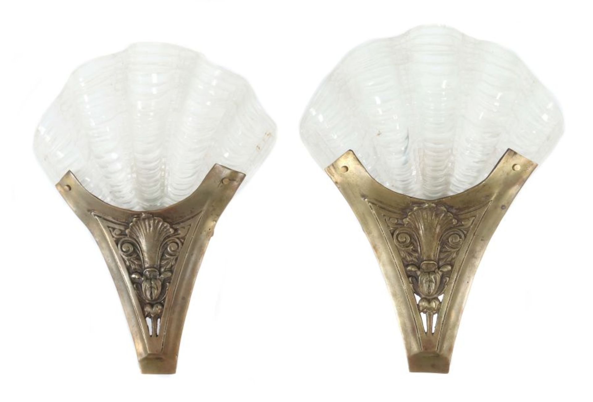 Paar Art-Déco-Wandlampen wohl Frankreich, um 1930, fächerförmige Appliken, Halterung aus Messingguss