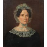 Maler des 19. Jh. "Brustbildnis einer Dame im Biedermeiergewand mit Spitzenhaube", um 1830, Öl/