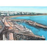 Maler des 20./21. Jh. "Mediterrane Hafenstadt", Küste mit einem Ort auf ansteigendem Gelände und