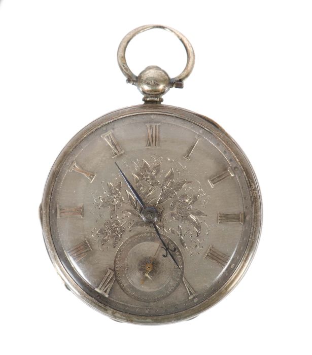 Schlüsseltaschenuhr London, England, 1847, Silber 925, ziseliertes Zifferblatt mit römischen Zahlen,