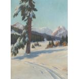 Franz, Carl 1863 - ?. "Verschneite Hochebene im Gebirge", Winterlandschaft mit Tannen am Wegesrand